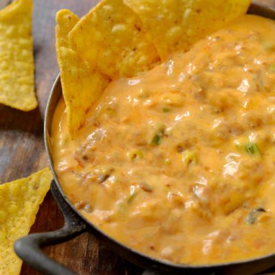 Jalapeno Dip in a skillet, with chips.