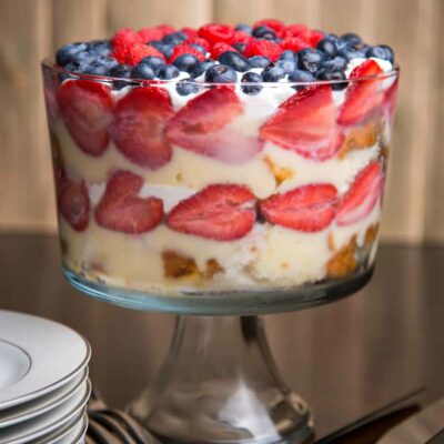 Berry Trifle in a clear trifle dish.