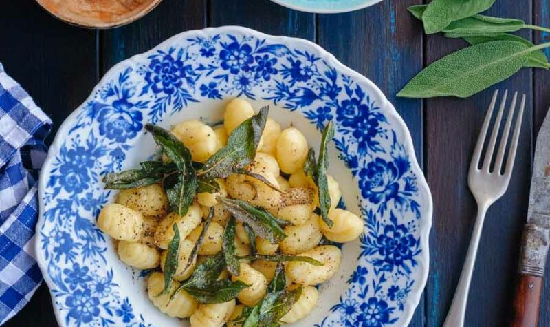 Potato Gnocchi with Browned Sage Butter in a colorful bowl
