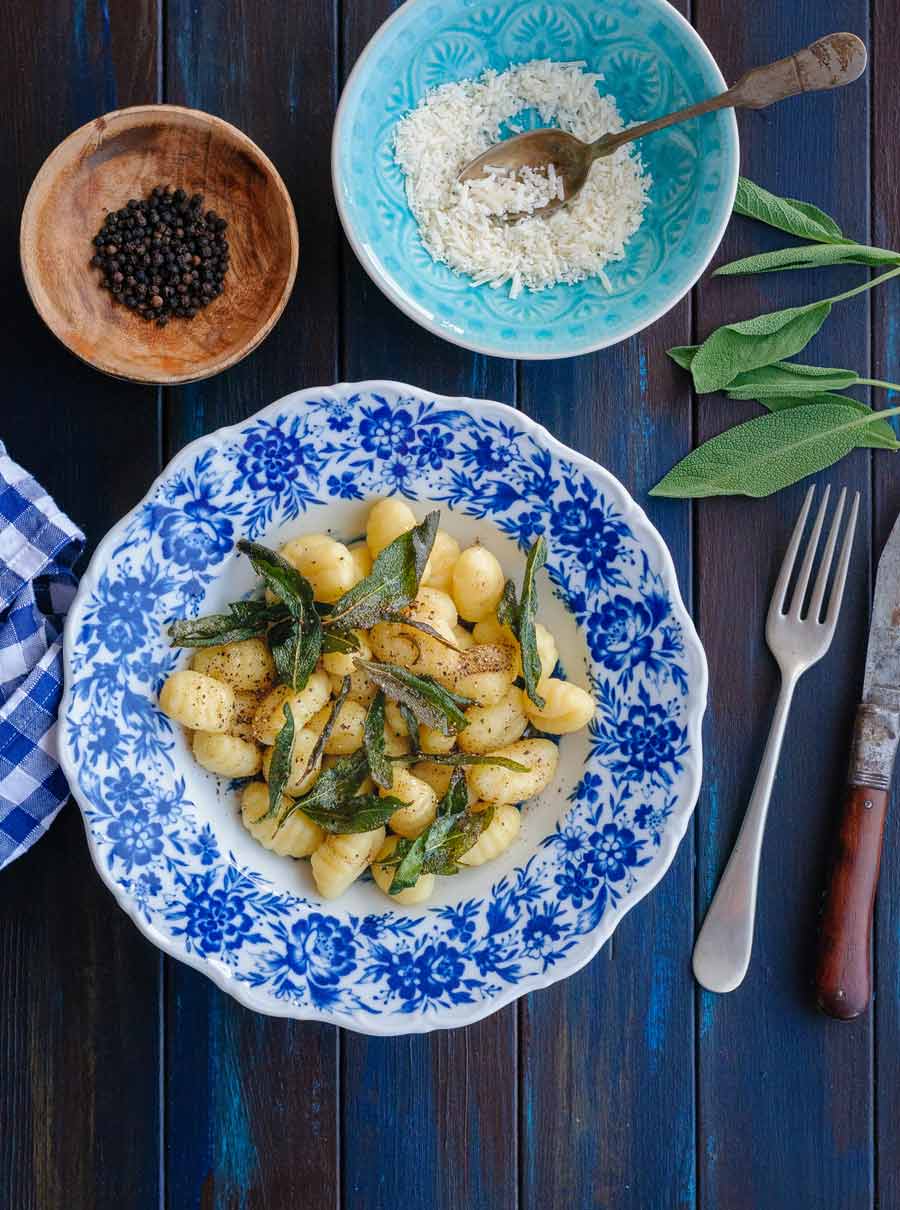 Potato Gnocchi with Browned Sage Butter in a colorful bowl