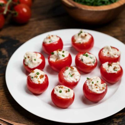 A white plate with cherry tomatoes filled with bacon, cream cheese, sour cream and chives.