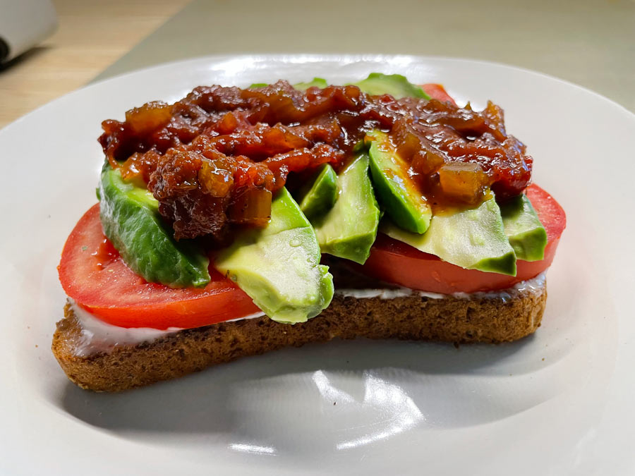 Simple avocado sandwich with tomato jam