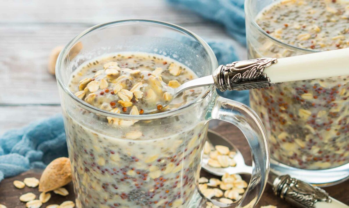 Overnight oats in a mug with coconut and banana