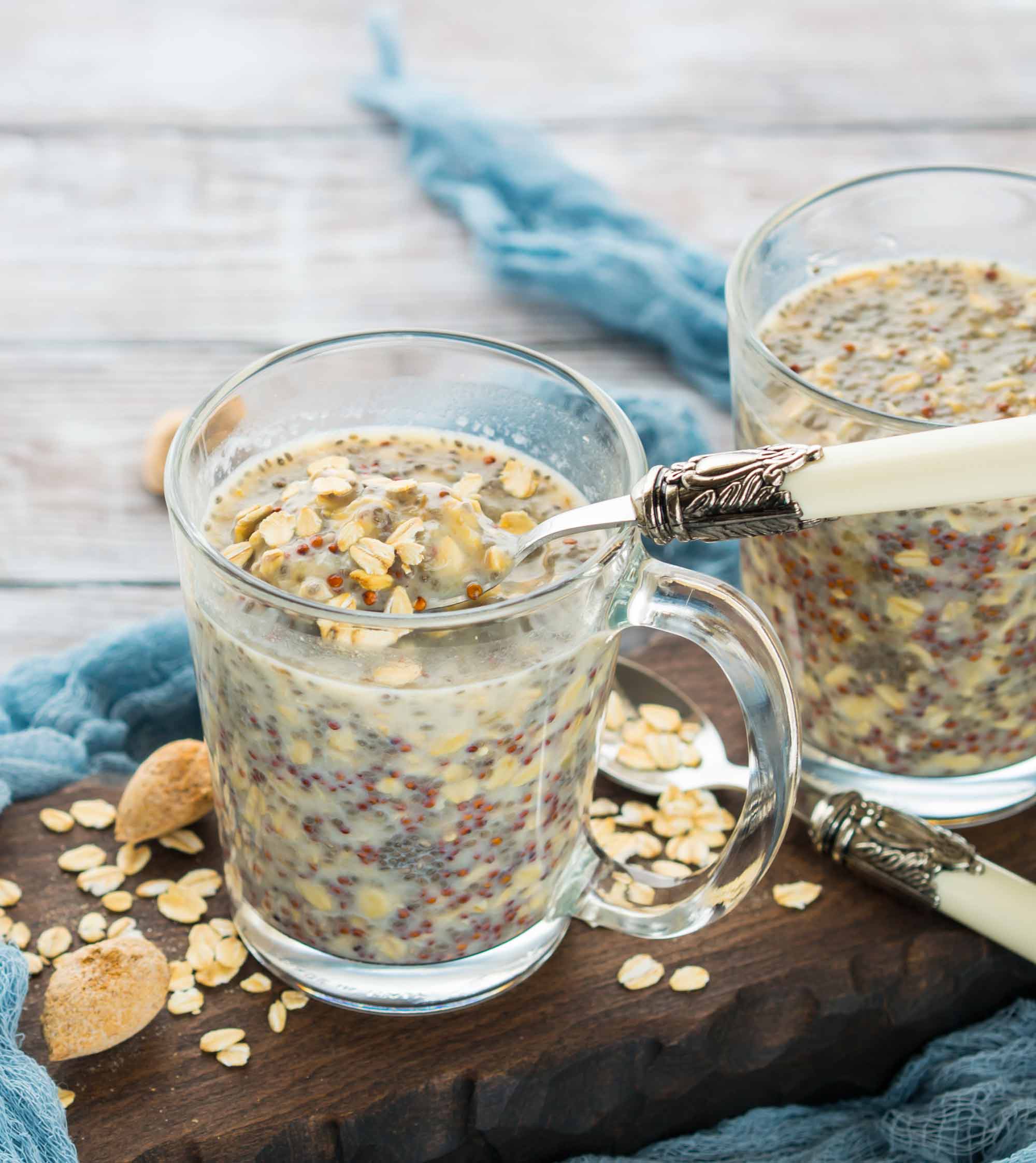 Overnight oats in a mug with coconut and banana