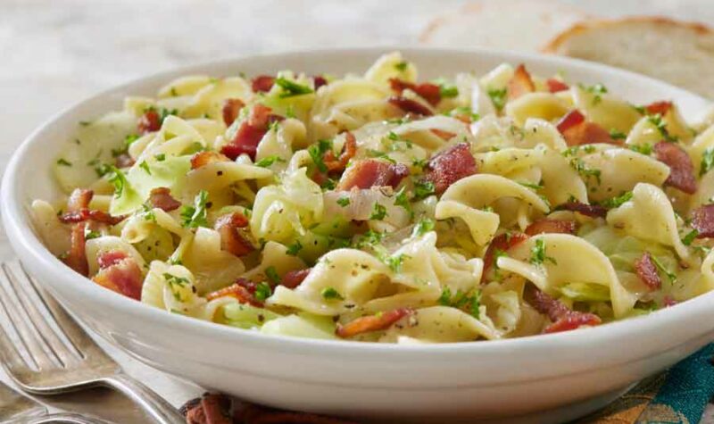 Fried Cabbage and Noodles with Crispy Bacon -