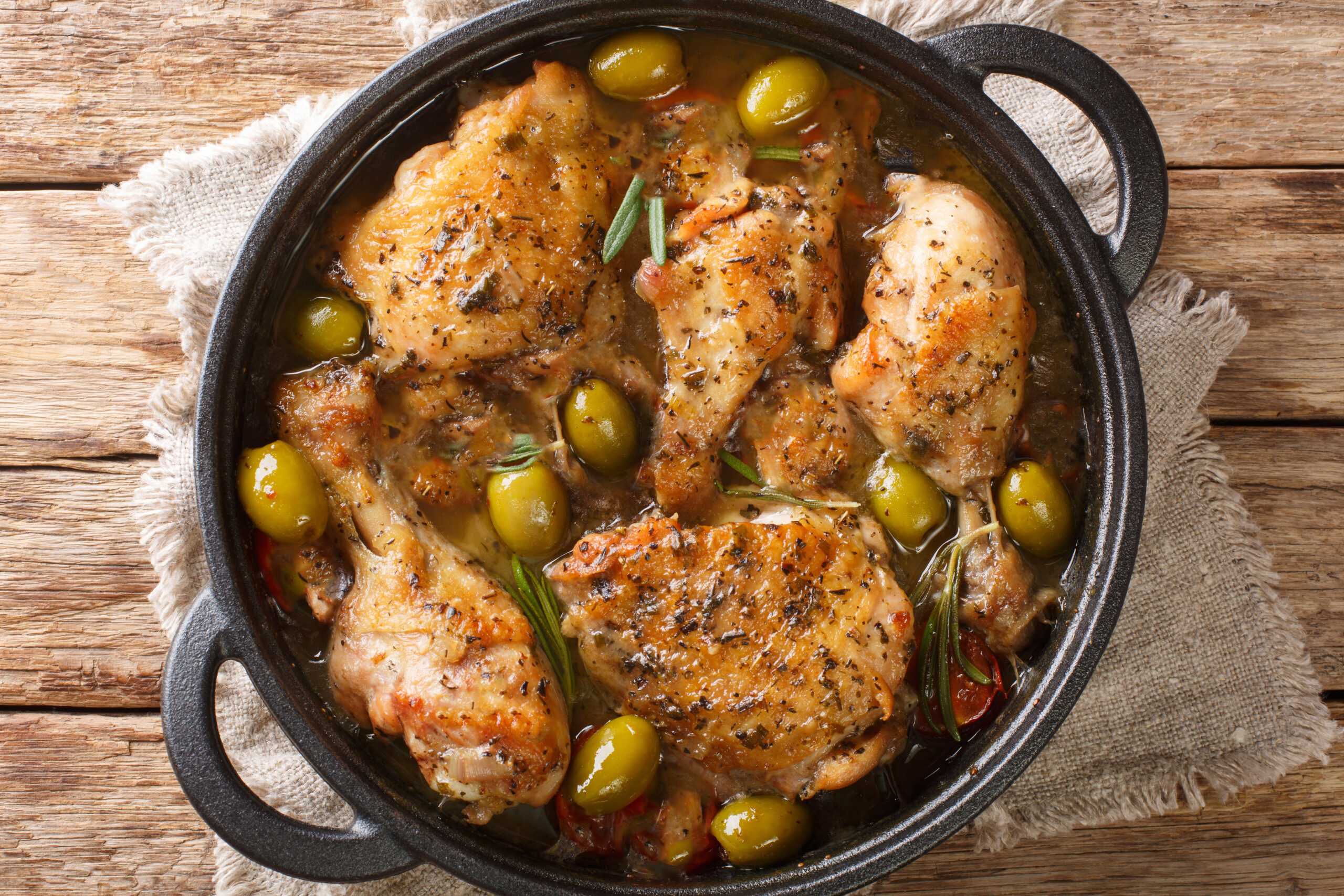 Chicken and olives in a skillet