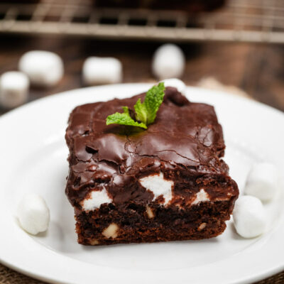 Marshmallow brownie on a white plate