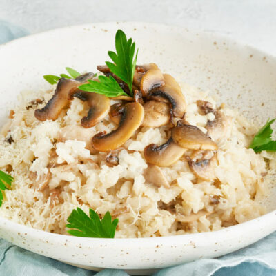 Mushroom rice casserole in a white plate