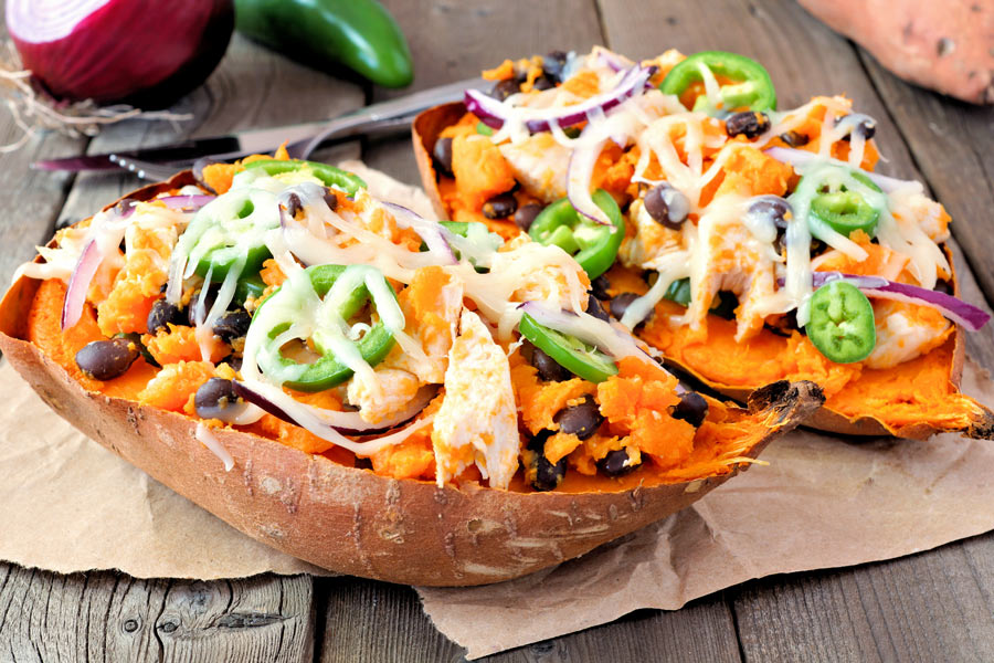 Southwest Twice Baked Sweet Potatoes with jalapeños and cheese