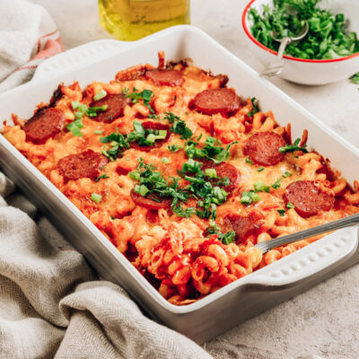 Pizza Casserole with pepperoni and basil
