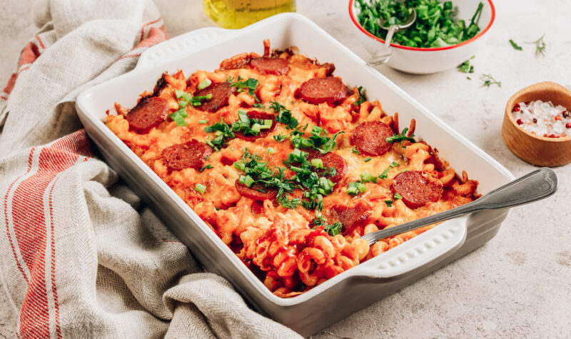 Pizza Casserole with pepperoni and basil
