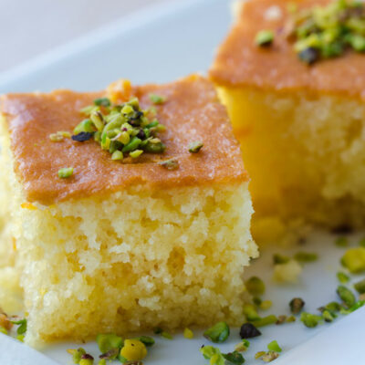 A piece of pistachio yellow cake.