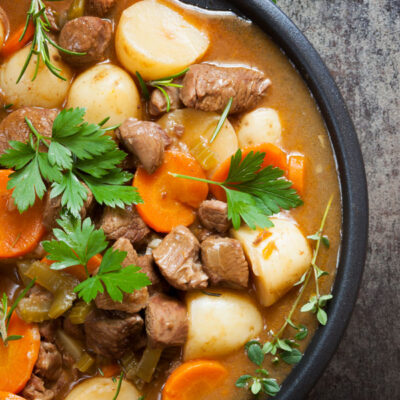 Irish stew, made with lamb, stout, potatoes, carrots and herbs.
