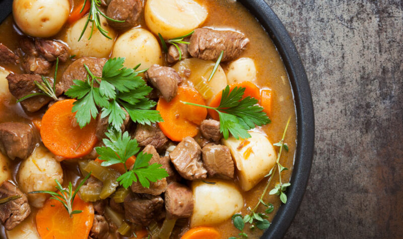 Irish stew, made with lamb, stout, potatoes, carrots and herbs.