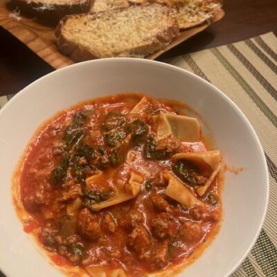 Lasagna Soup in a white bowl