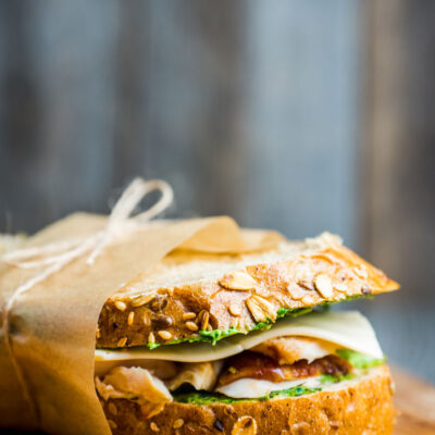 Turkey Pesto Sandwiches on a cutting board