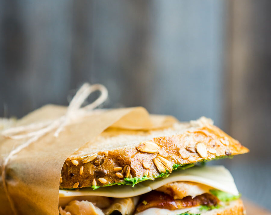 Turkey Pesto Sandwiches on a cutting board