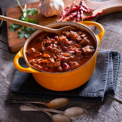 Chicken chili in an orange pot