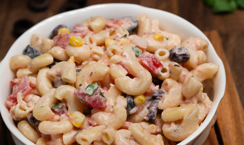Mexican Pasta Salad in a white bowl