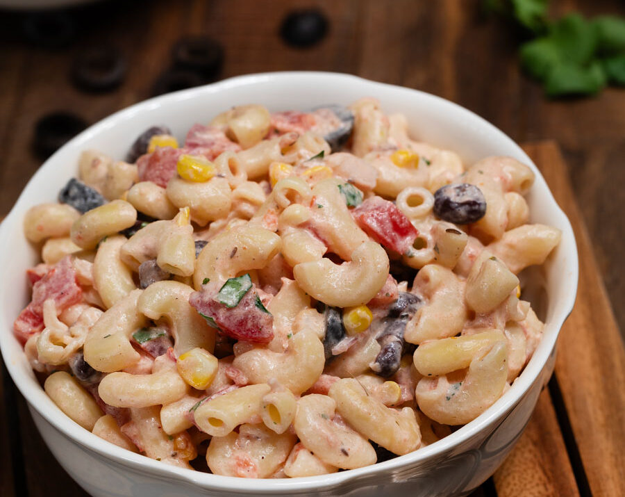 Mexican Pasta Salad in a white bowl