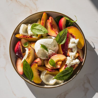 Peaches & Burrata with Pickled Shallot