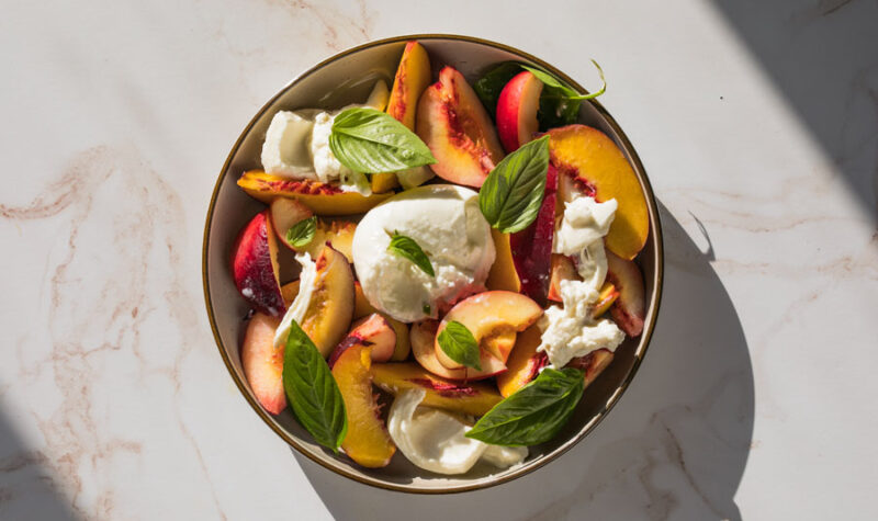 Peaches & Burrata with Pickled Shallot