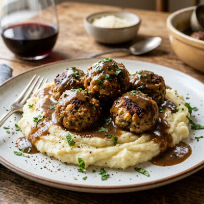 Meatballs with beef gravy over mashed potatoes