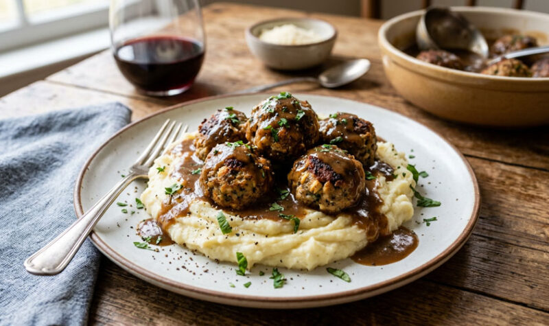 Meatballs with beef gravy over mashed potatoes