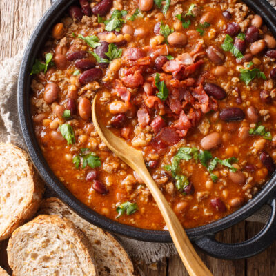Baked beans in a cast iron skillet