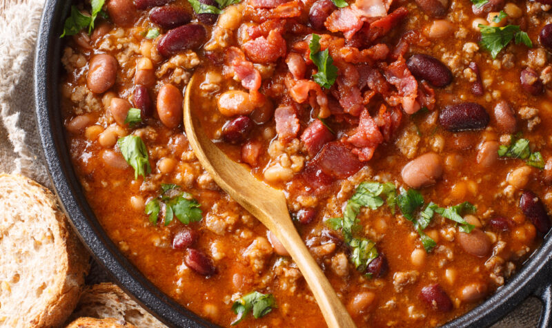 Baked beans in a cast iron skillet