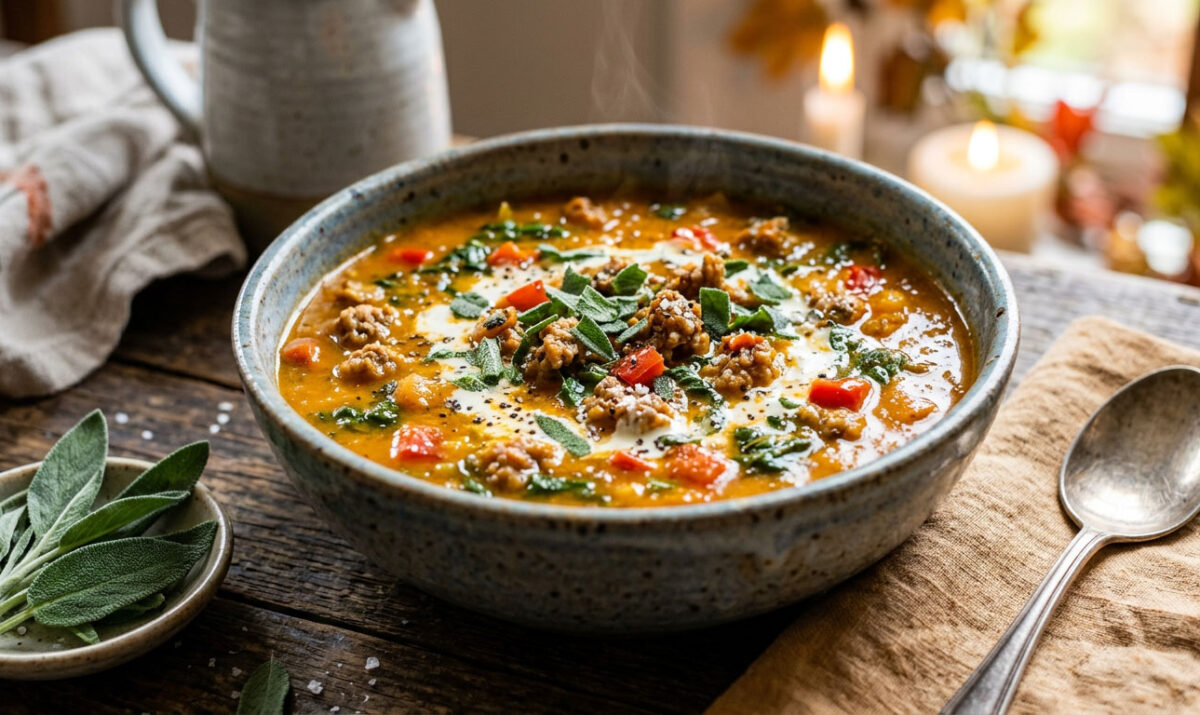 Butternut squash soup with sausage and sage on the side