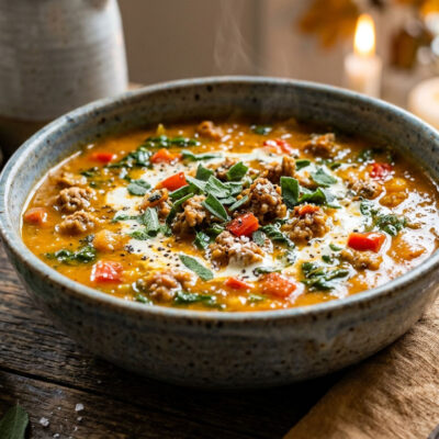Butternut squash soup with sausage and sage on the side