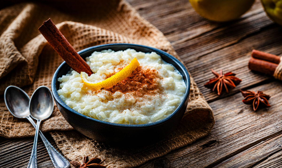 Creamy rice pudding with cinnamon.