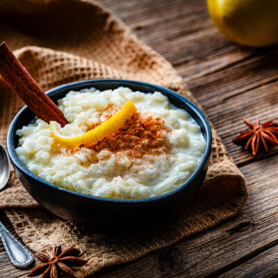 Creamy rice pudding with cinnamon.