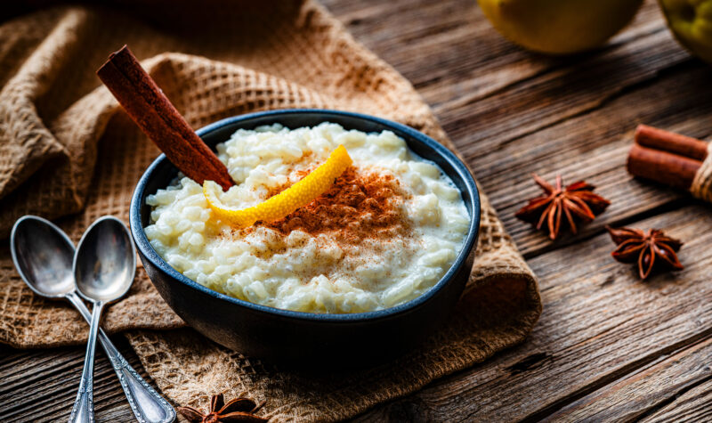 Creamy rice pudding with cinnamon.