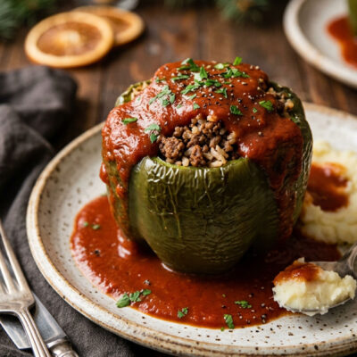 Stuffed green peppers with beef and tomato sauce