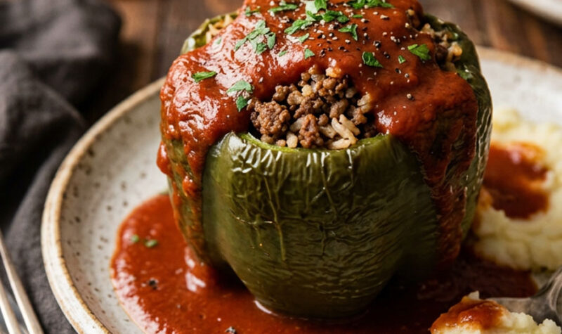 Stuffed green peppers with beef and tomato sauce