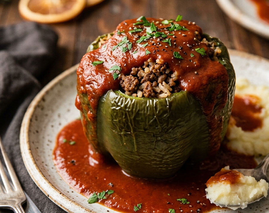 Stuffed green peppers with beef and tomato sauce